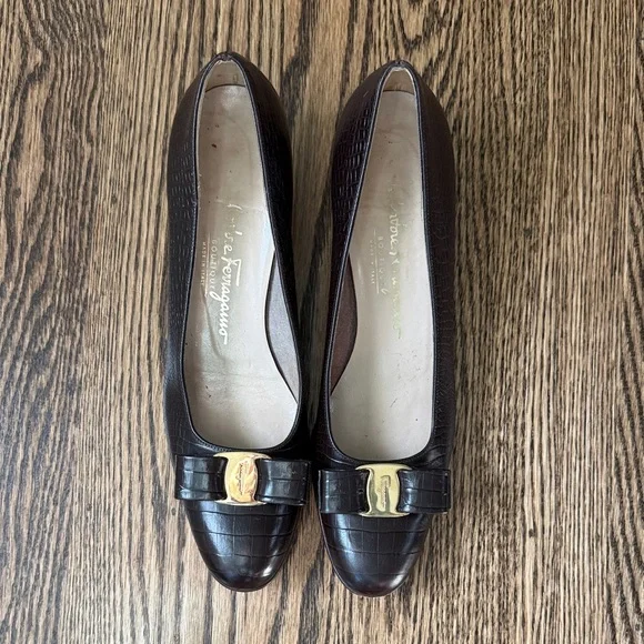 Salvatore Ferragamo Dark Brown Croc-Embossed Heels - Picture 2 of 15
